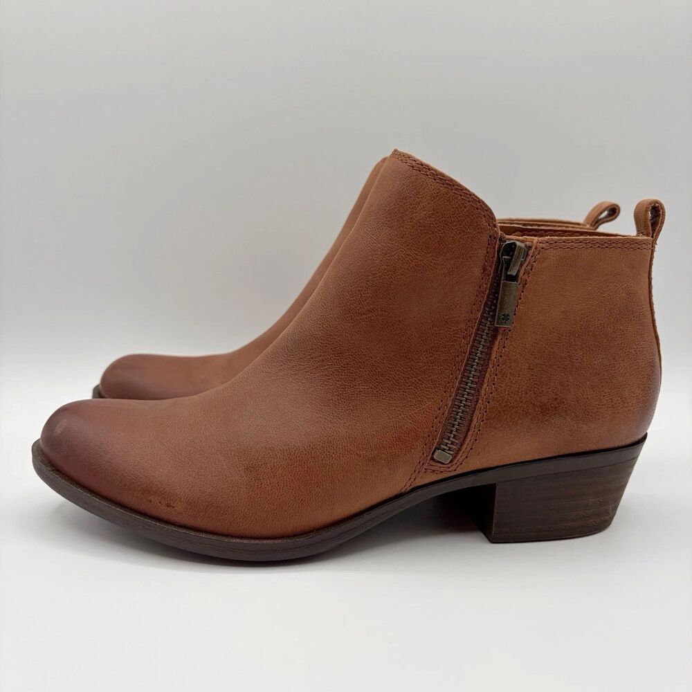 Lucky Brand Brown Leather Ankle Bootie Zip Round Toe Heel Womens Boots Sz 8- New